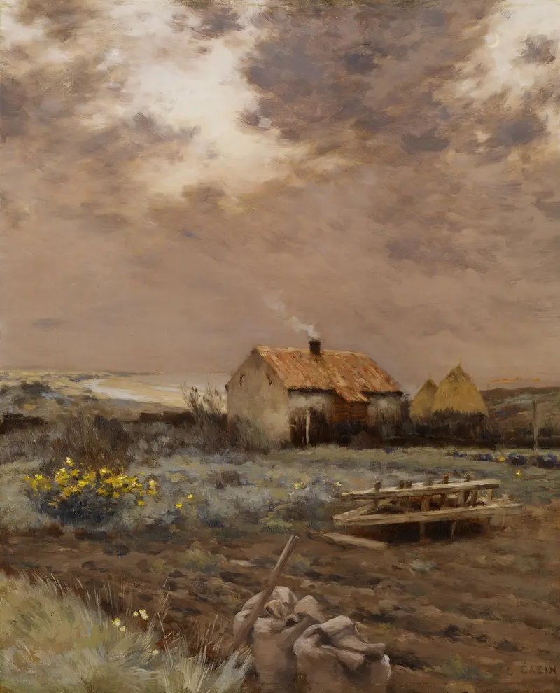 Landscape by Jean Charles Cazin, oil painting depicting hills and a sunset
