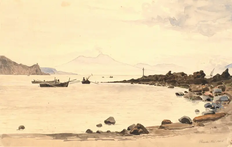 Oil painting by Martinus Rørbye depicting Vesuvius and Procida at sunset.