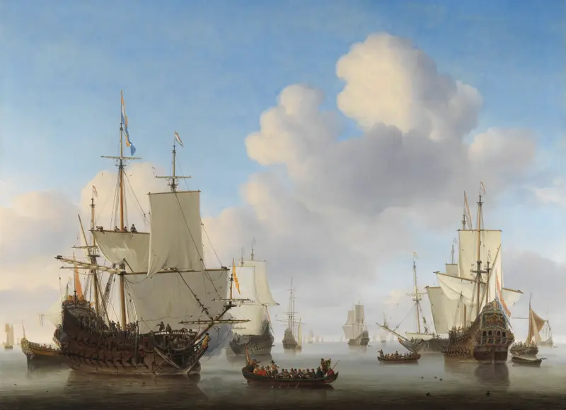 Dutch Ships in a Calm Sea by Willem van de Velde the Younger, oil painting depicting ships on calm waters.