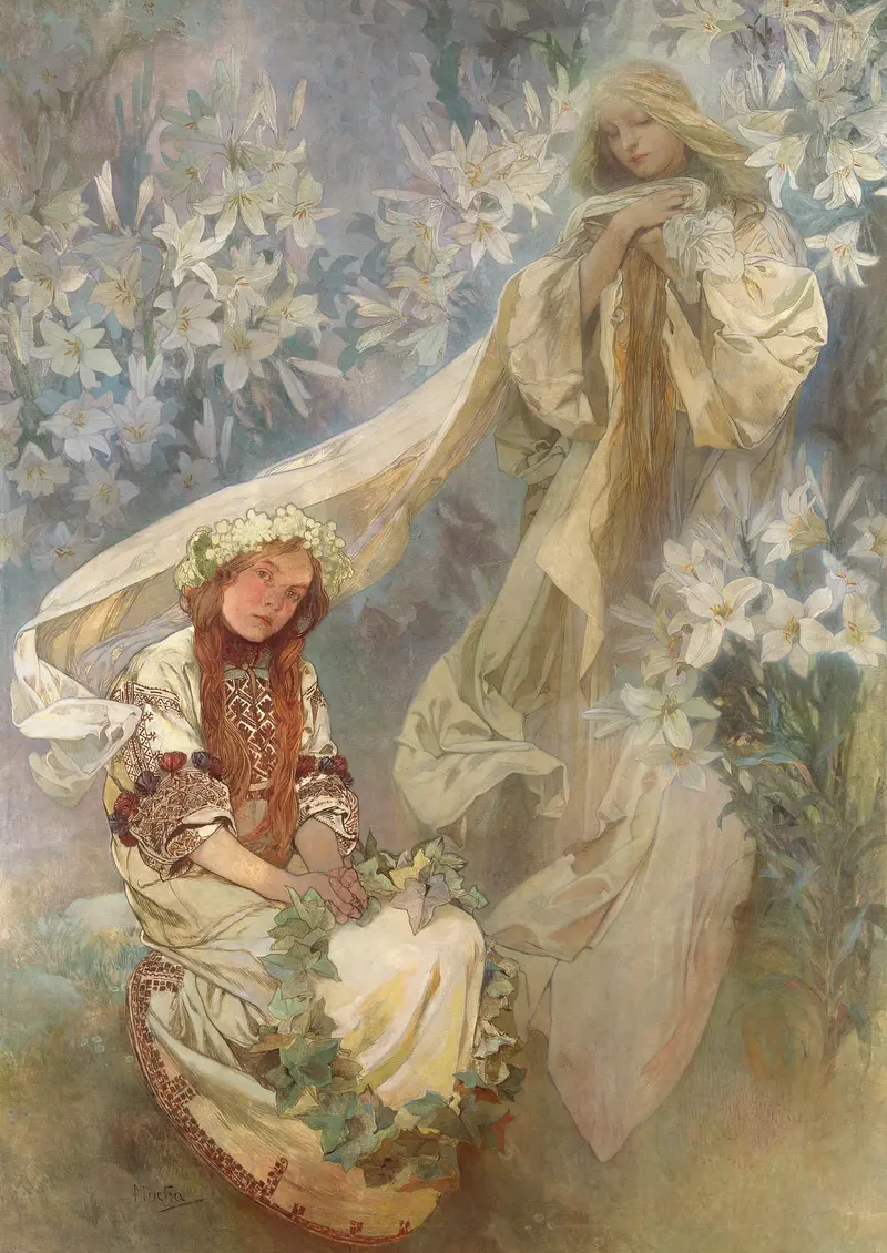 Alphonse Mucha's 'Madonna of the Lilies' showcases a serene depiction of the Virgin Mary surrounded by lilies.