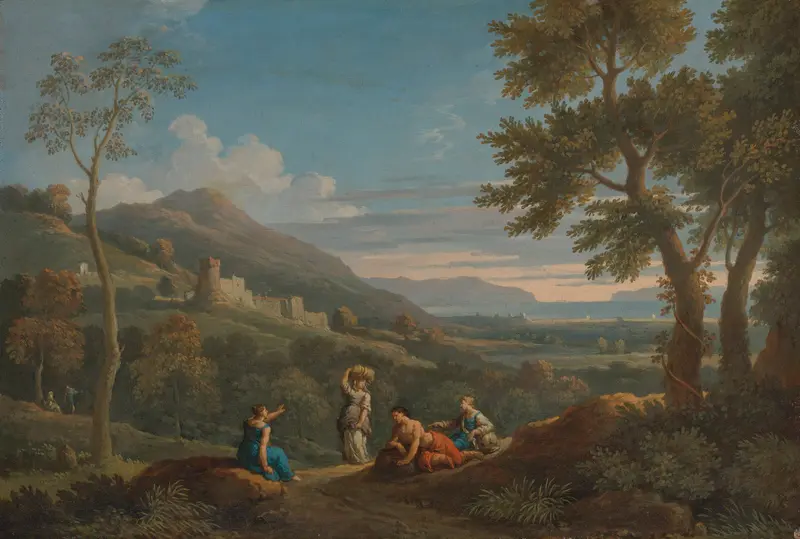 A classical landscape with peasants, oil on canvas by Jan Frans Van Bloemen.
