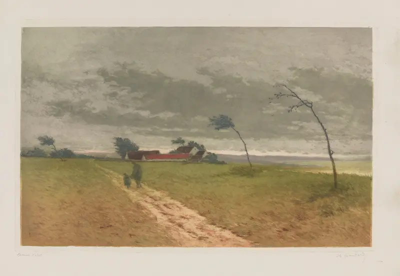 Landscape with stormy clouds and light, oil on canvas by Charles-Louis Houdard
