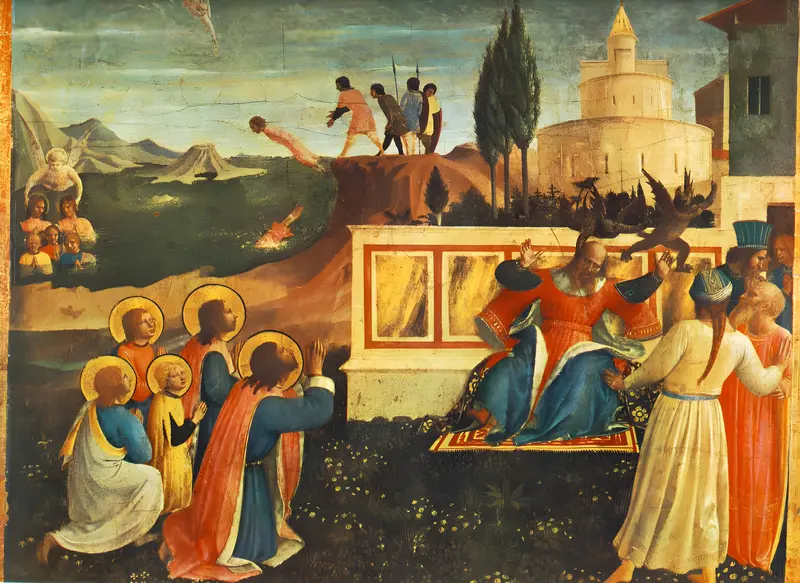 Saint Cosmas and Saint Damian are lifted from flames by angels in this Renaissance artwork.