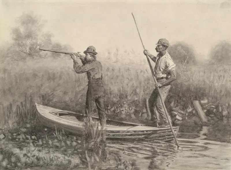 A study of a man shooting from a punt, showcasing Eakins' focus on realism.