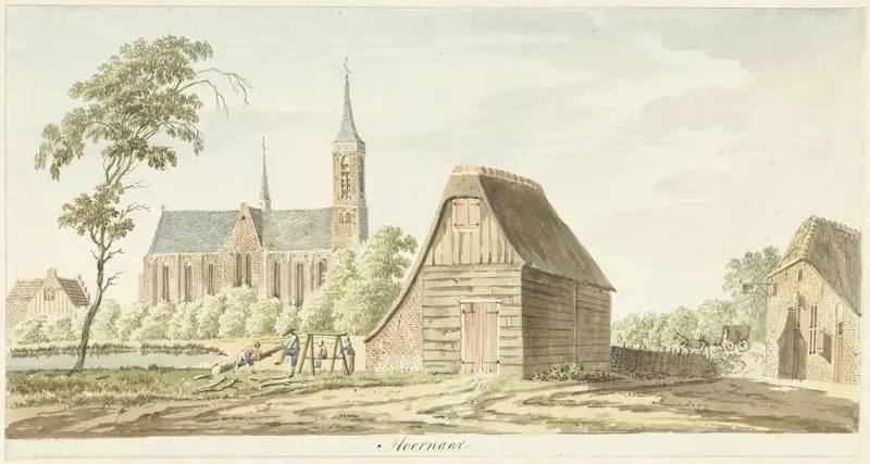 Landscape of Gezicht op het dorp Hoornaar by Hendrik Tavenier, oil painting depicting a village at sunset.