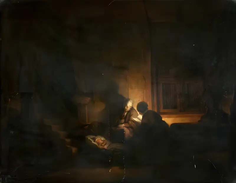 The Holy Family in the Evening by Rembrandt van Rijn depicts a tender domestic scene.