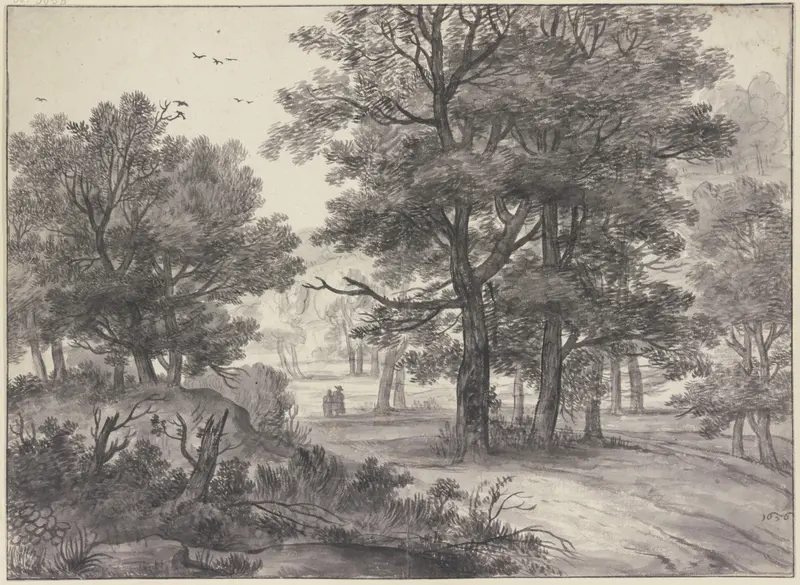 Waldpartie by Roelant Roghman, oil on canvas depicting figures on a path with ravens.