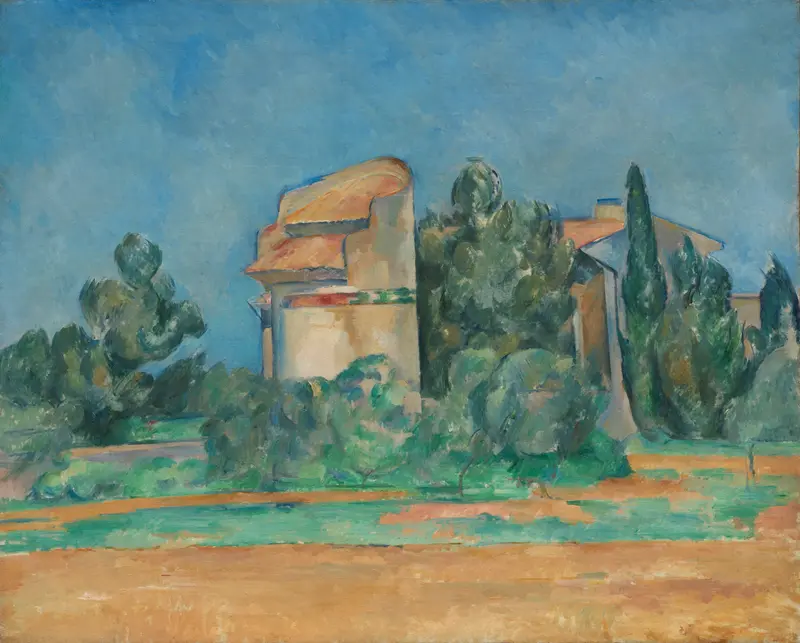 The Pigeon Tower at Bellevue by Paul Cezanne, oil on canvas, features a tower in a serene landscape.