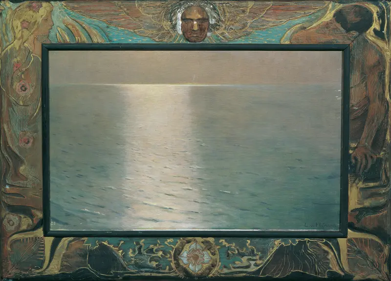Ludwig von Hofmann's 'Largo (Sonnenuntergang)' features a vibrant sunset landscape.