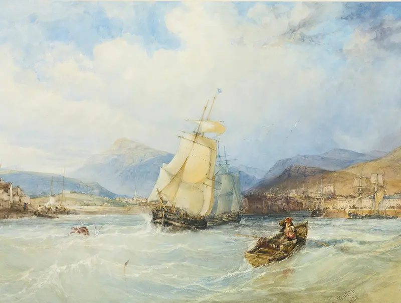 Marine scene with ships and mountains by Charles Bentley, oil painting, 1838