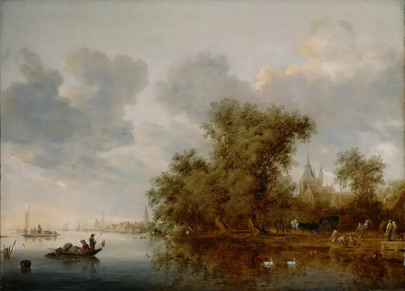 River Landscape by Salomon van Ruysdael, oil painting depicting a tranquil river and sky.