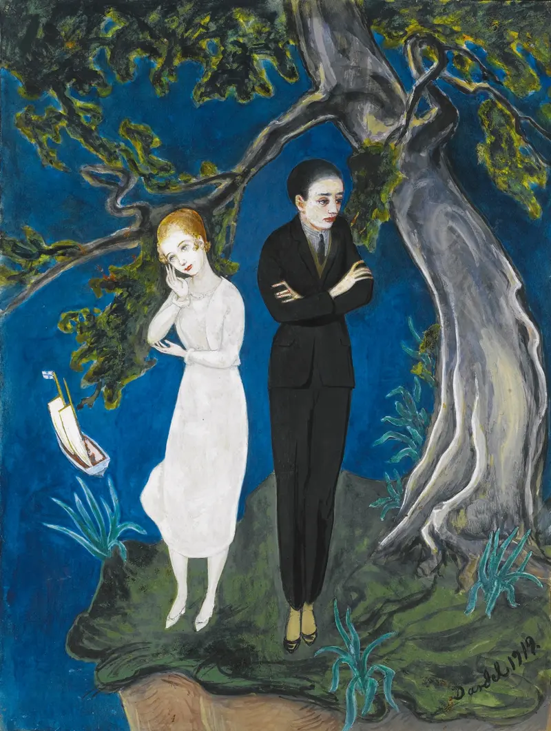 A young man in black stands rigidly beside a girl in white, creating a moment of silent tension.