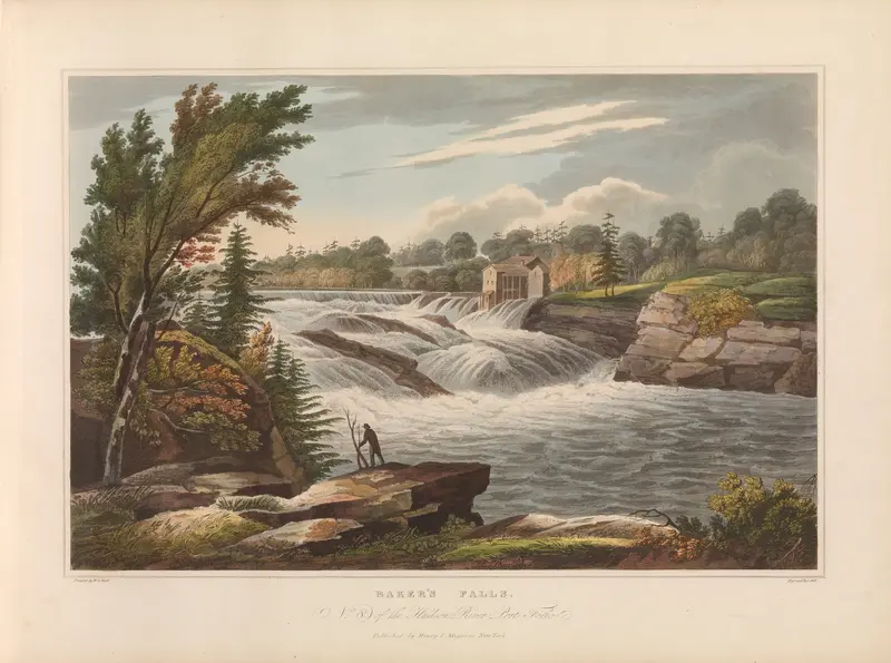 Baker’s Falls by John Hill, romantic landscape, depicting a waterfall with blue and green hues.