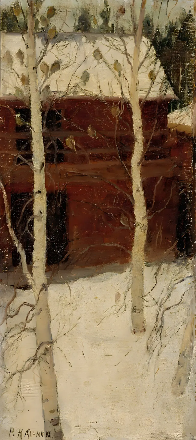 Titmice in Birch Trees, oil on canvas by Pekka Halonen, depicting birds in birch trees.