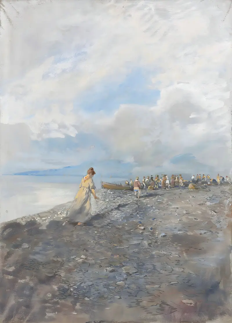 Sulla spiaggia di Bordighera, oil painting by Pompeo Mariani showing figures on a sunny beach.