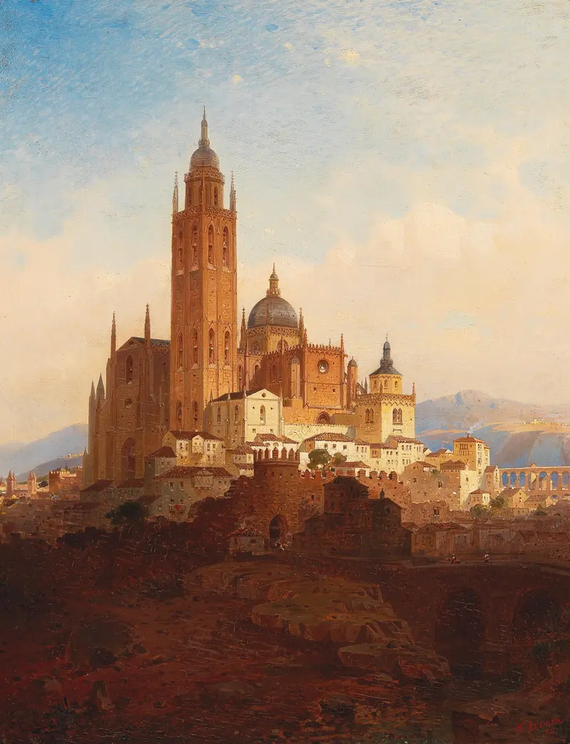 Cathedral In Segovia by Friedrich Eibner, oil painting depicting a skyline with spires and light.