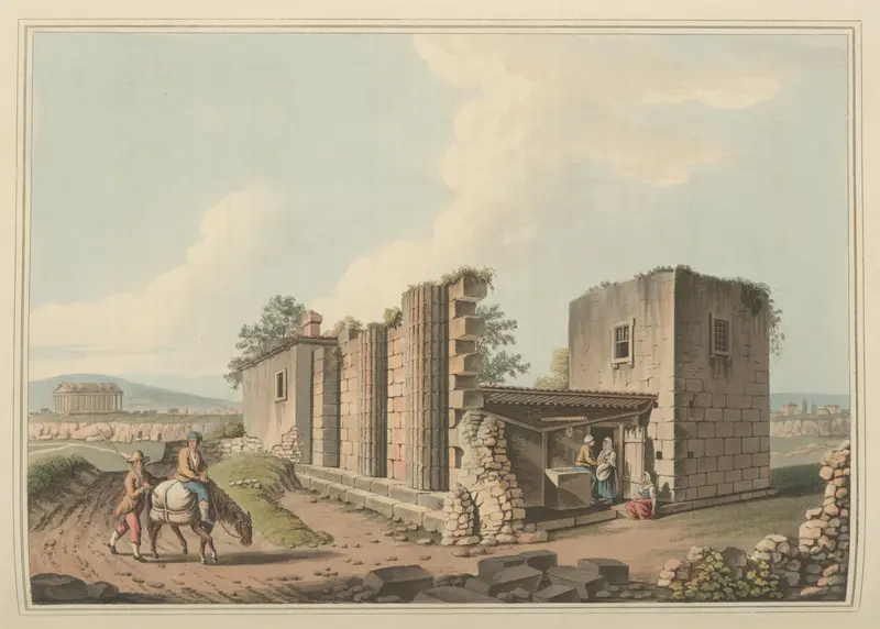 Ancient Temples at Agrigentum by Luigi Mayer, watercolor on paper, featuring weathered columns and a sunset.