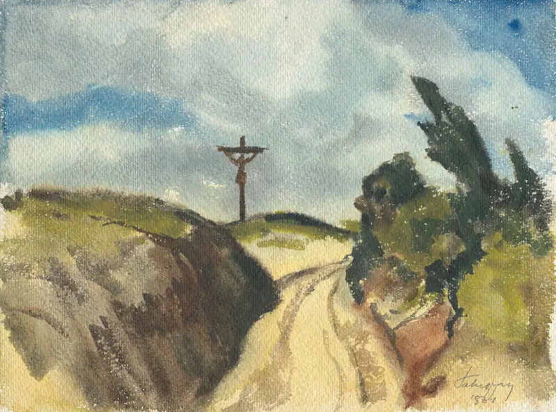 Landscape featuring a winding road and greenery, oil painting by Zolo Palugyay
