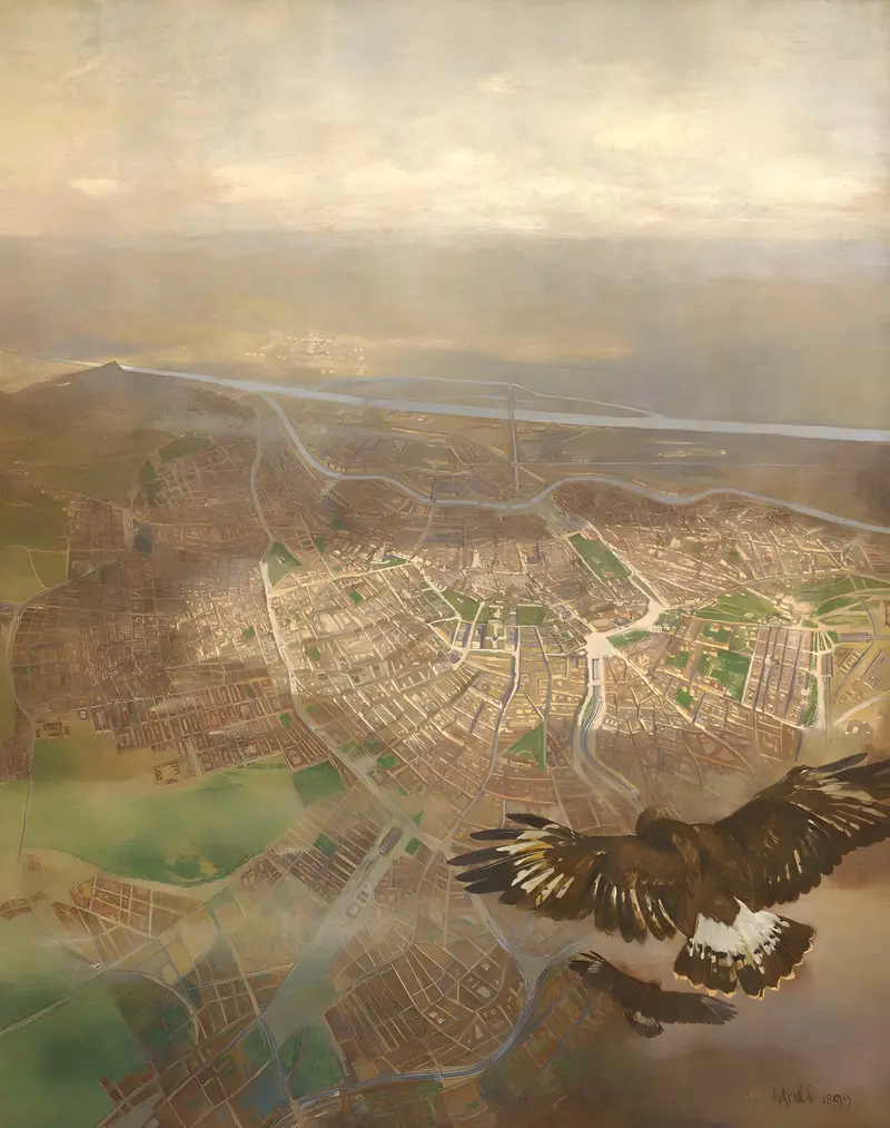 A view of Vienna from a balloon at 3000 meters above the Schönbrunn Gloriette.