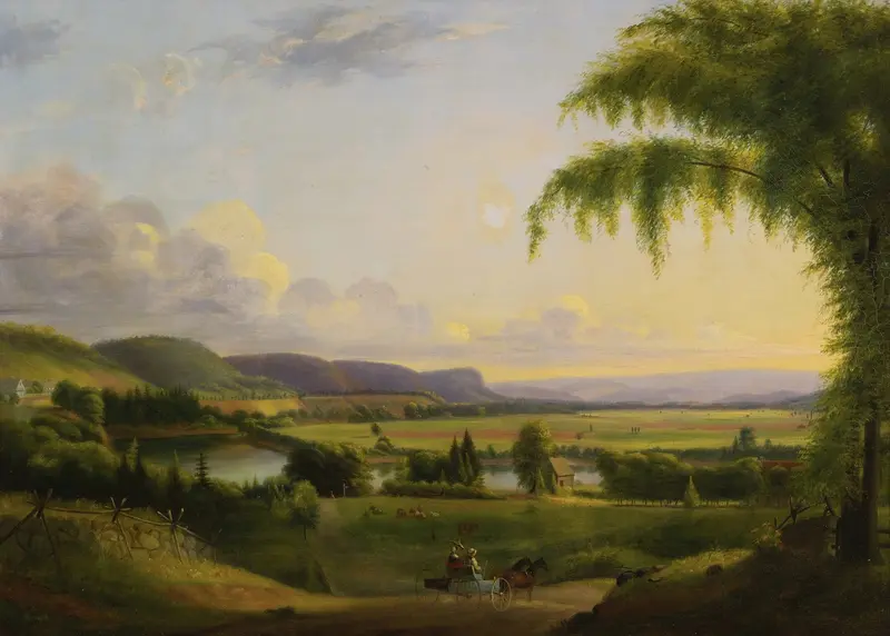 Landscape with hills under a golden sky, oil painting by Albion Harris Bicknell
