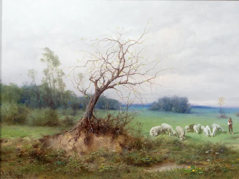 Flock of sheep and a shepherd in a landscape, oil painting by Raimund Ritter von Wichera