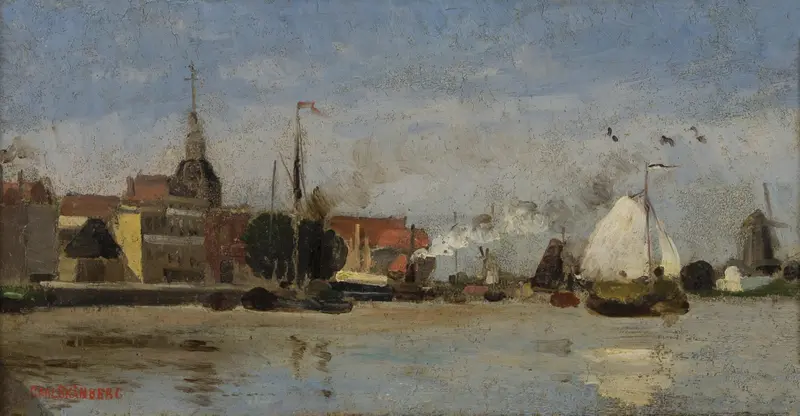 Dutch Seaport by Carl Skånberg, realism, depicting ships and twilight reflections on water