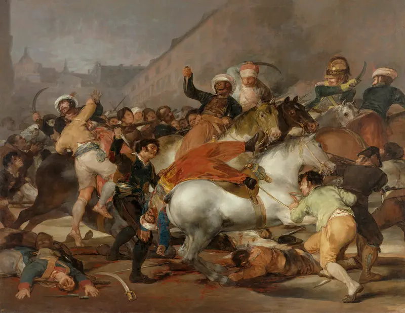 A chaotic street fight shows mounted Mamelukes in turbans clashing with civilians wielding knives amid rearing horses and fallen figures.