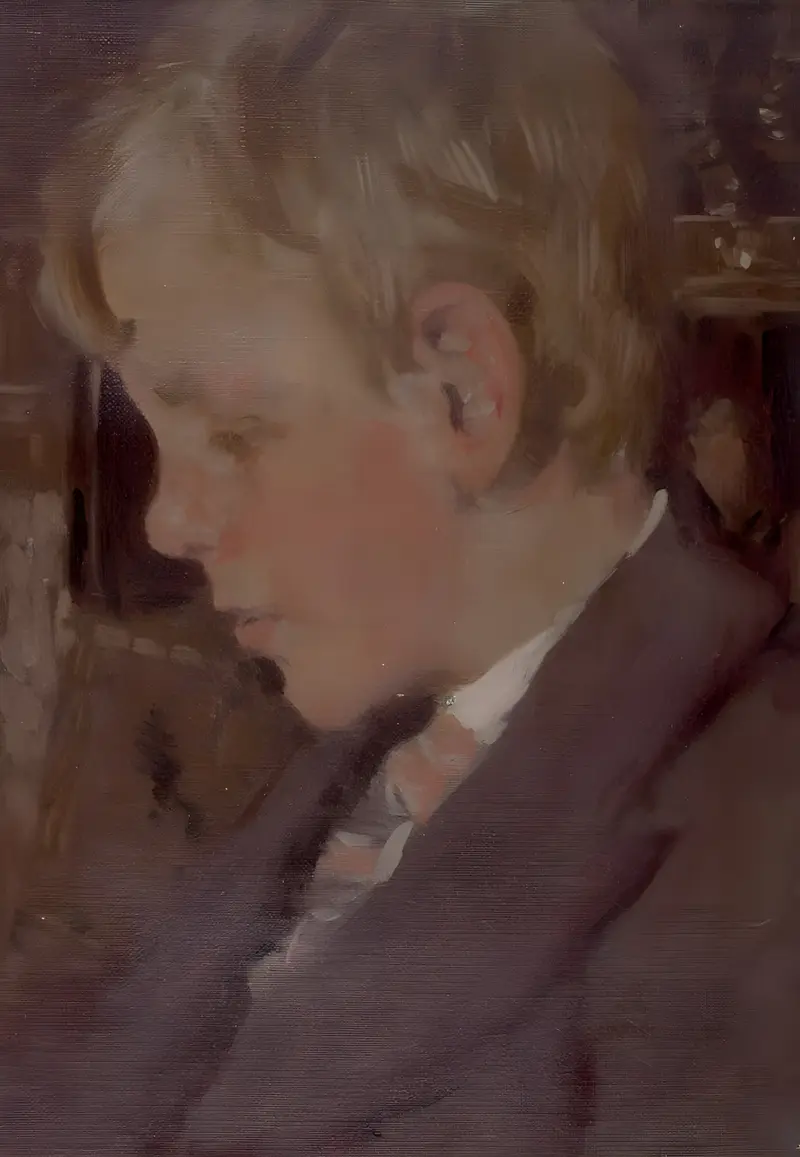 Profile portrait of a boy in suit and tie, oil on canvas by Denman Waldo Ross