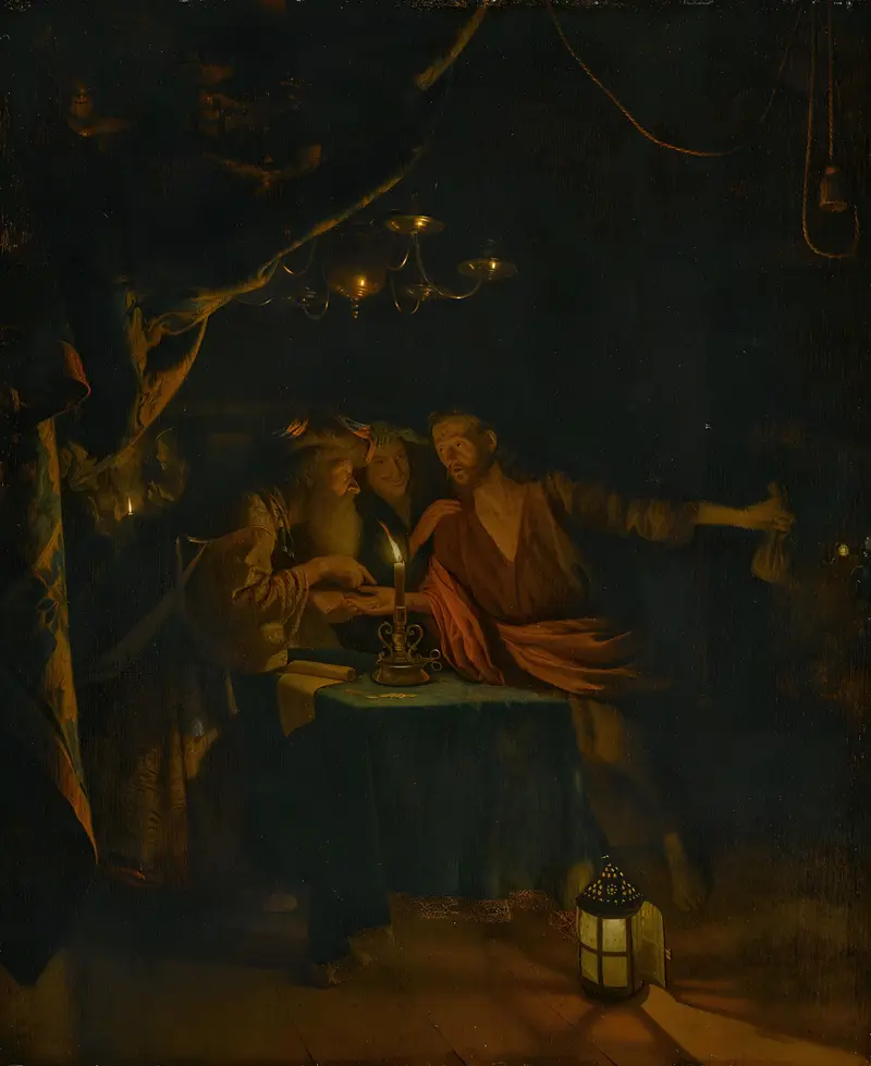 A dramatic depiction of Judas betraying Jesus with a kiss, illuminated by candlelight.