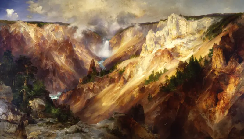 The Grand Canyon Of The Yellowstone by Thomas Moran, oil painting depicting a vibrant canyon landscape.