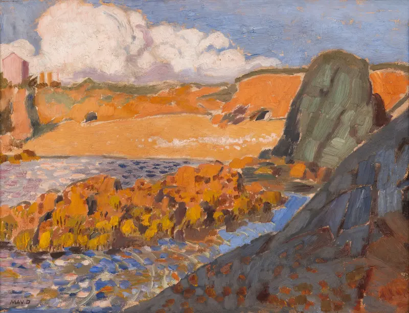 La plage rouge by Maurice Denis, oil on canvas depicting a couple in a vibrant landscape.