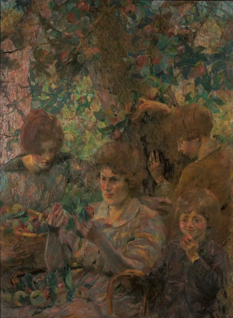 A still life painting featuring vibrant apples on a table.