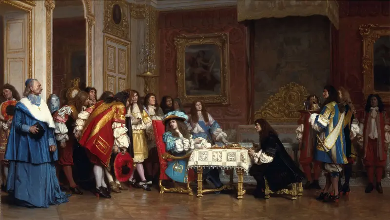 A depiction of Louis XIV and Molière in a historical setting.