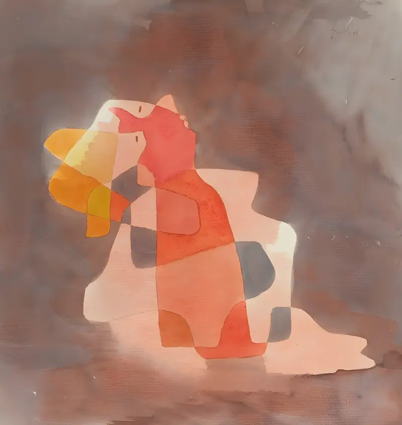 A woman leans back in a colorful abstract composition by Paul Klee.