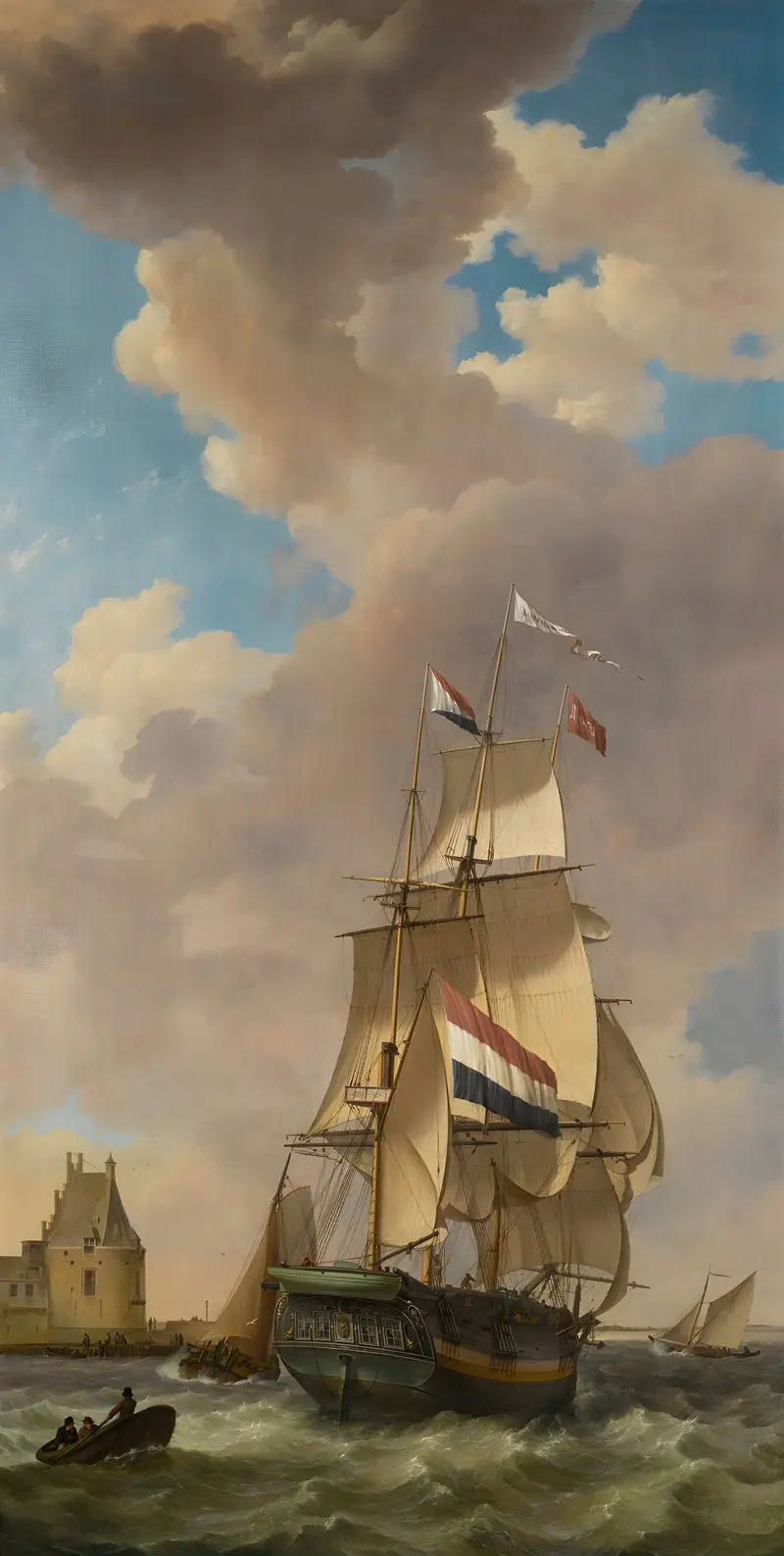 A Merchantman Off Veere, oil on canvas by Johannes Hermanus Koekkoek, depicting a merchant ship under a serene sky.