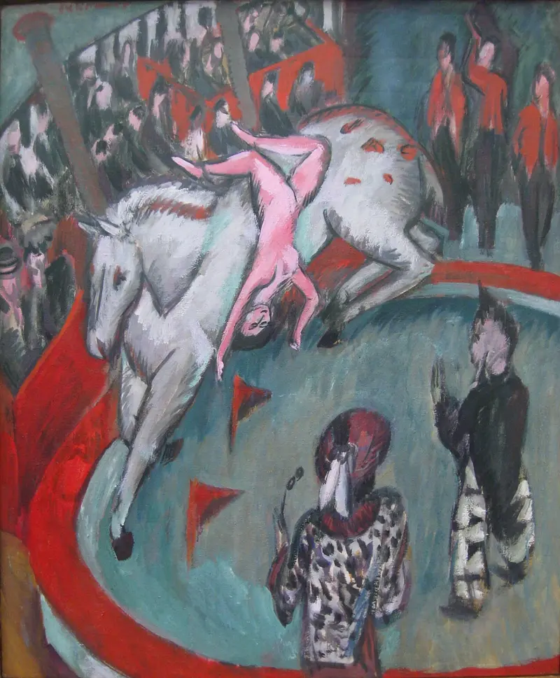 A performer twists over a pale horse in a vibrant circus scene, surrounded by shadowy audience figures.