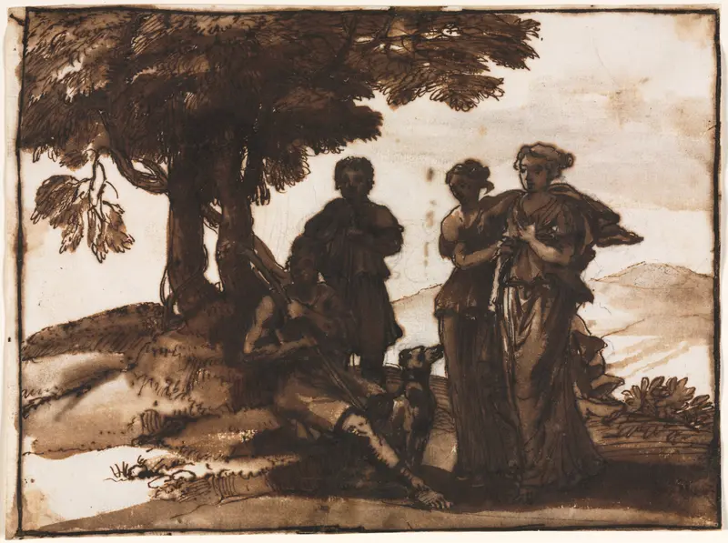 A pastoral scene featuring classical figures in a serene landscape.