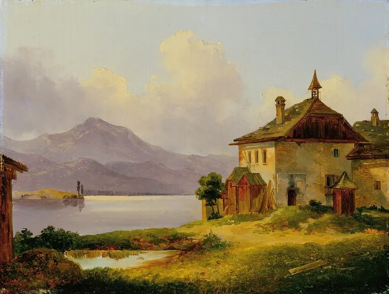 Landscape oil painting by Edmund Mahlknecht featuring a tranquil lake and gentle reflections.
