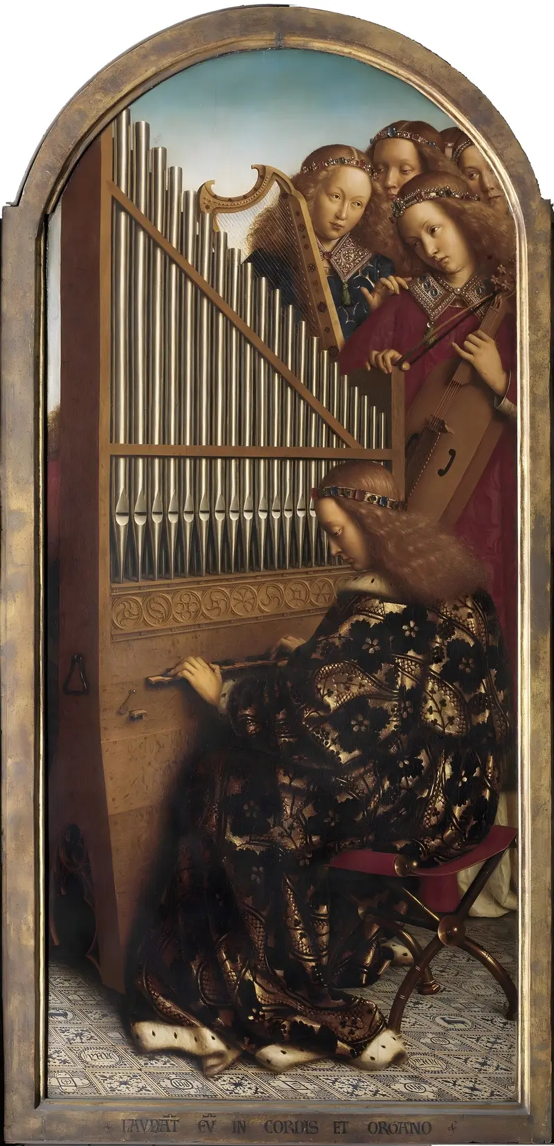 Angels playing musical instruments in a heavenly scene.