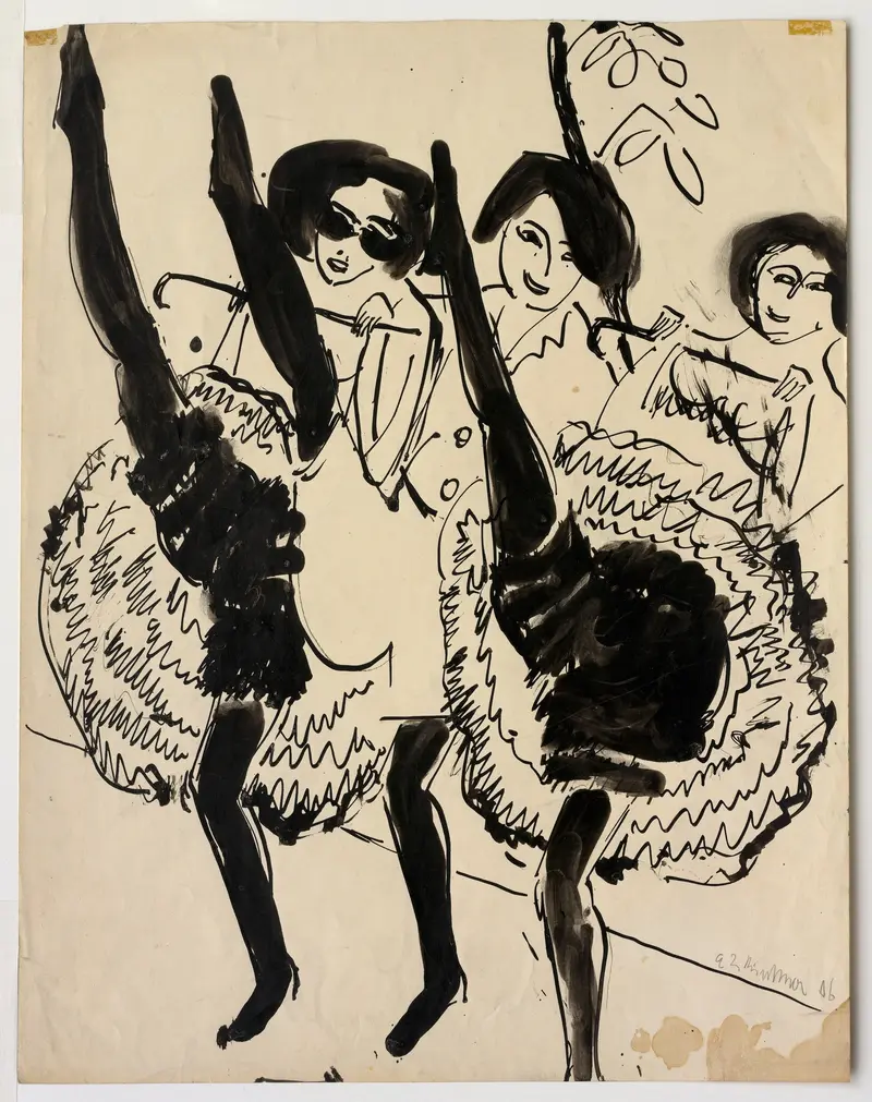 Three dancers captured mid-kick, their legs and skirts in dynamic motion, inviting the viewer into the performance.