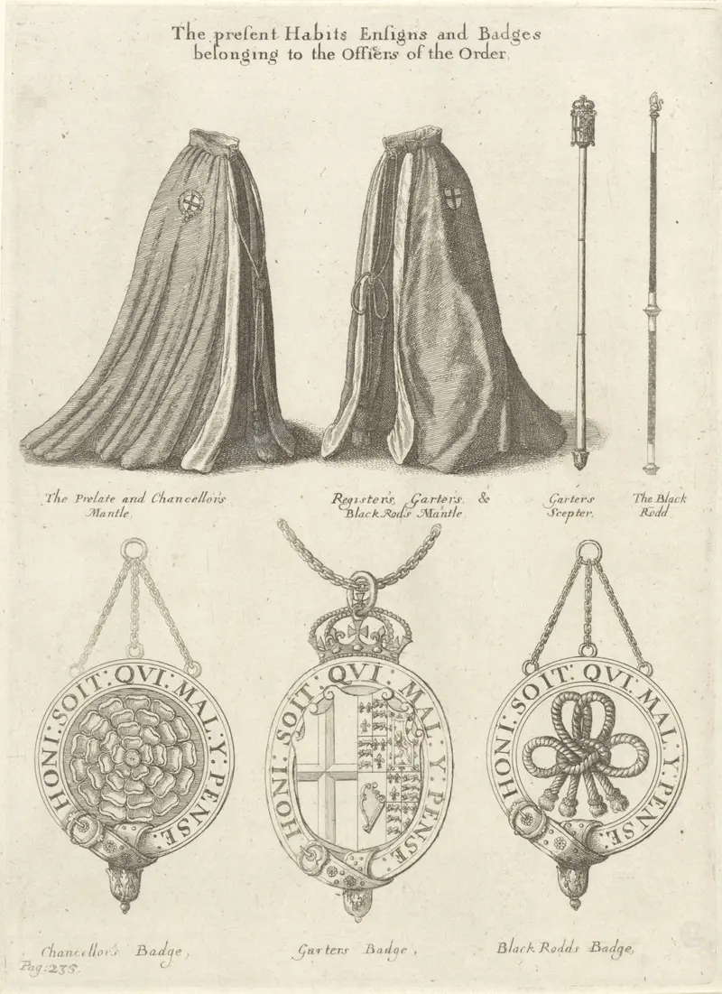 Etching of mantels, scepters, and insignia by Wenceslaus Hollar