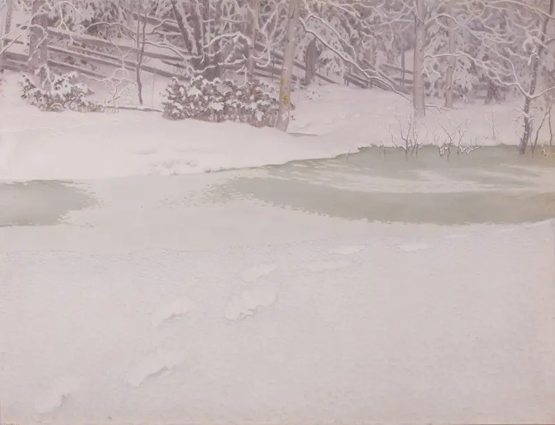 Neugefallener Schnee by Gustaf Fjæstad, oil painting of snow-covered hills.