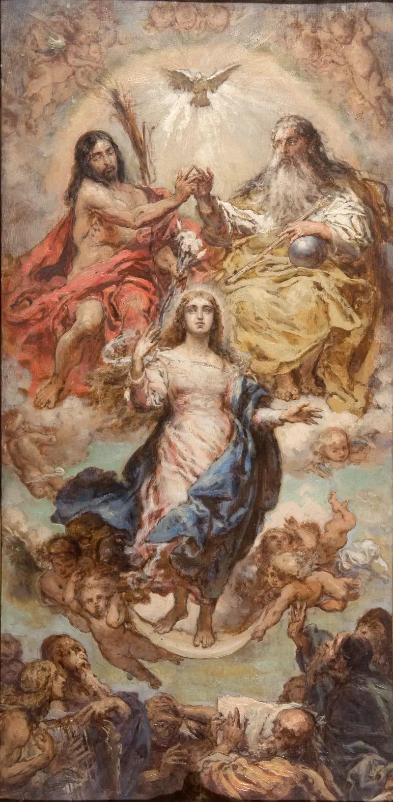 Wniebowzięcie Najświętszej Marii Panny by Jan Matejko depicts the Assumption of the Virgin Mary surrounded by angels.