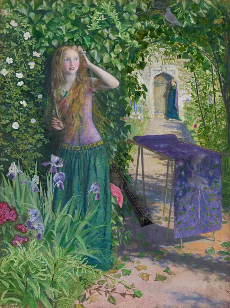 A young woman with golden hair stands in a lush garden, startled, with wild roses and ivy surrounding her.