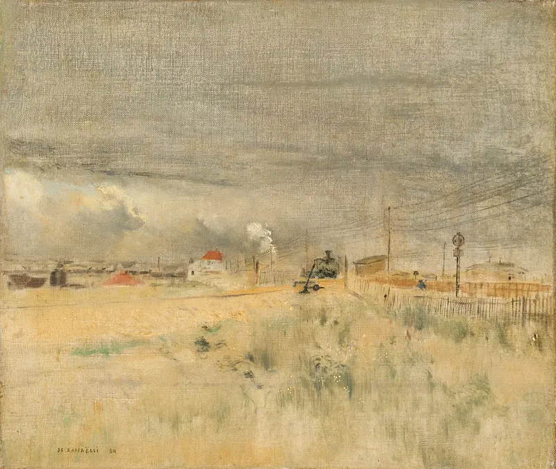 Locomotive en manœuvre, oil on canvas by Jean François Raffaëlli, depicting a locomotive in an industrial landscape.
