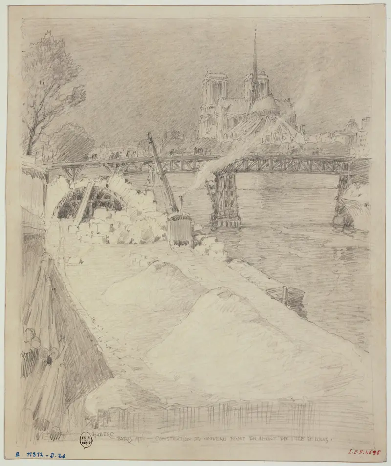 La construction du Pont de la Tournelle by Ferdinand Boberg, depicting a bridge under construction.