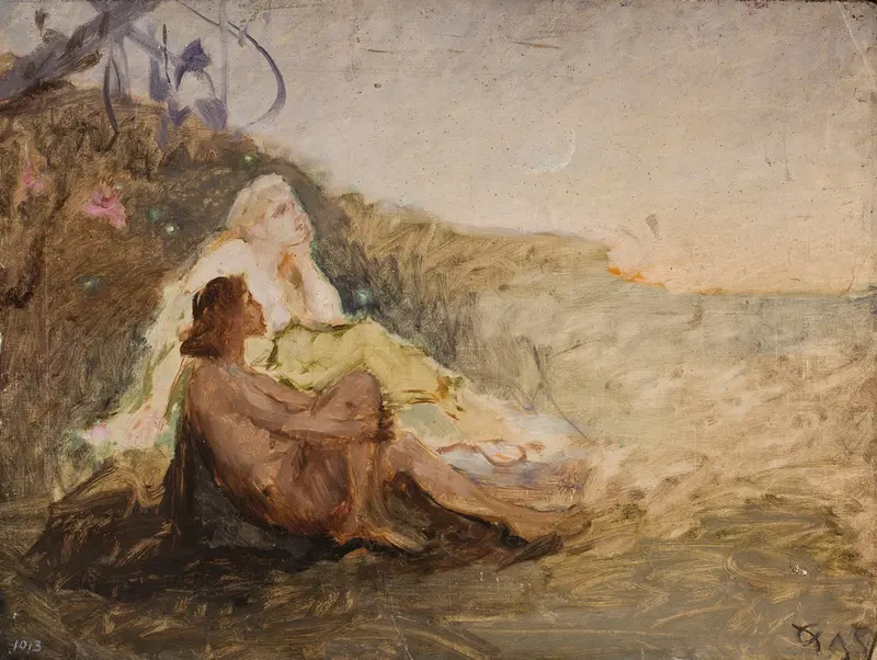 A sketch by Jan Ciągliński titled 'Love' showcases intricate figures and emotional depth.