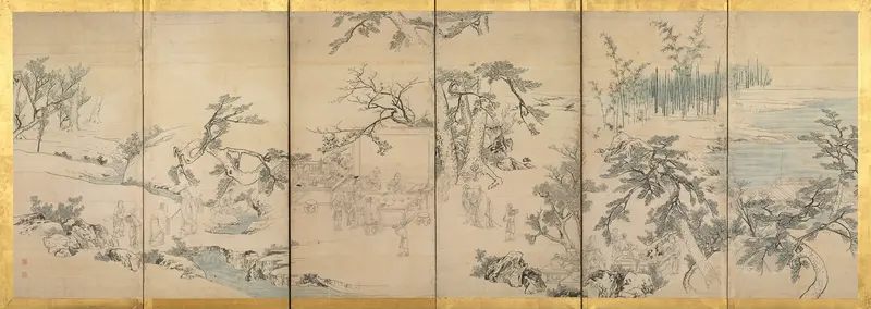 Genre scene with figures conversing under orchids, ink on silk by Maruyama Ōkyo