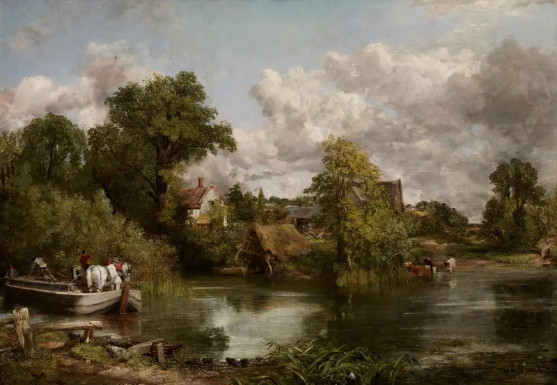 The White Horse by John Constable, oil painting depicting a tranquil river and a white horse.