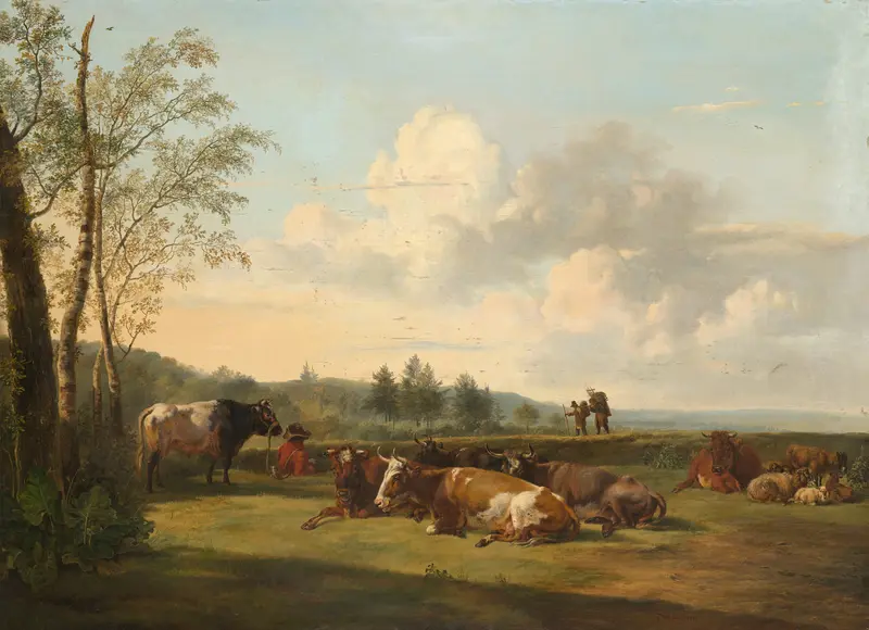 Landscape with Cattle, oil on canvas by Pieter Gerardus van Os, featuring rolling hills and grazing cattle.